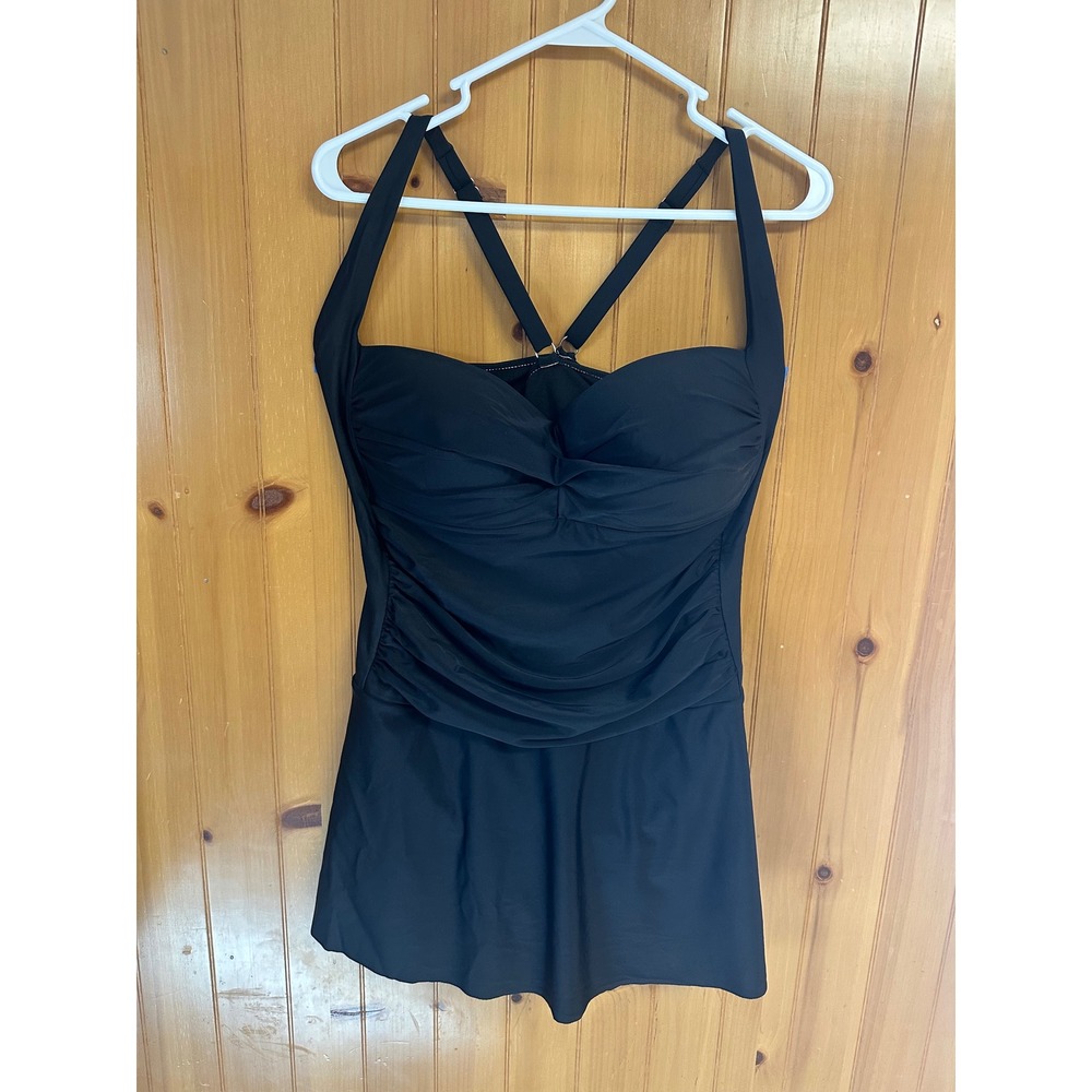 Sunsations Womens 2X Black Ruched Swimdress One Piece Swimsuit Adjustable Straps